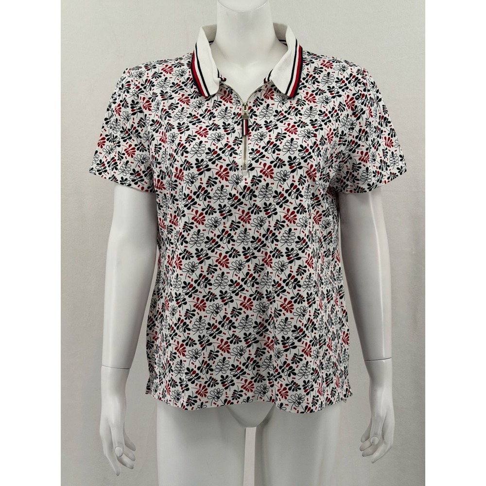 Tommy Hilfiger Top Womens XL White Navy 1/4 Zip Polo Short Sleeve Stretch Preppy